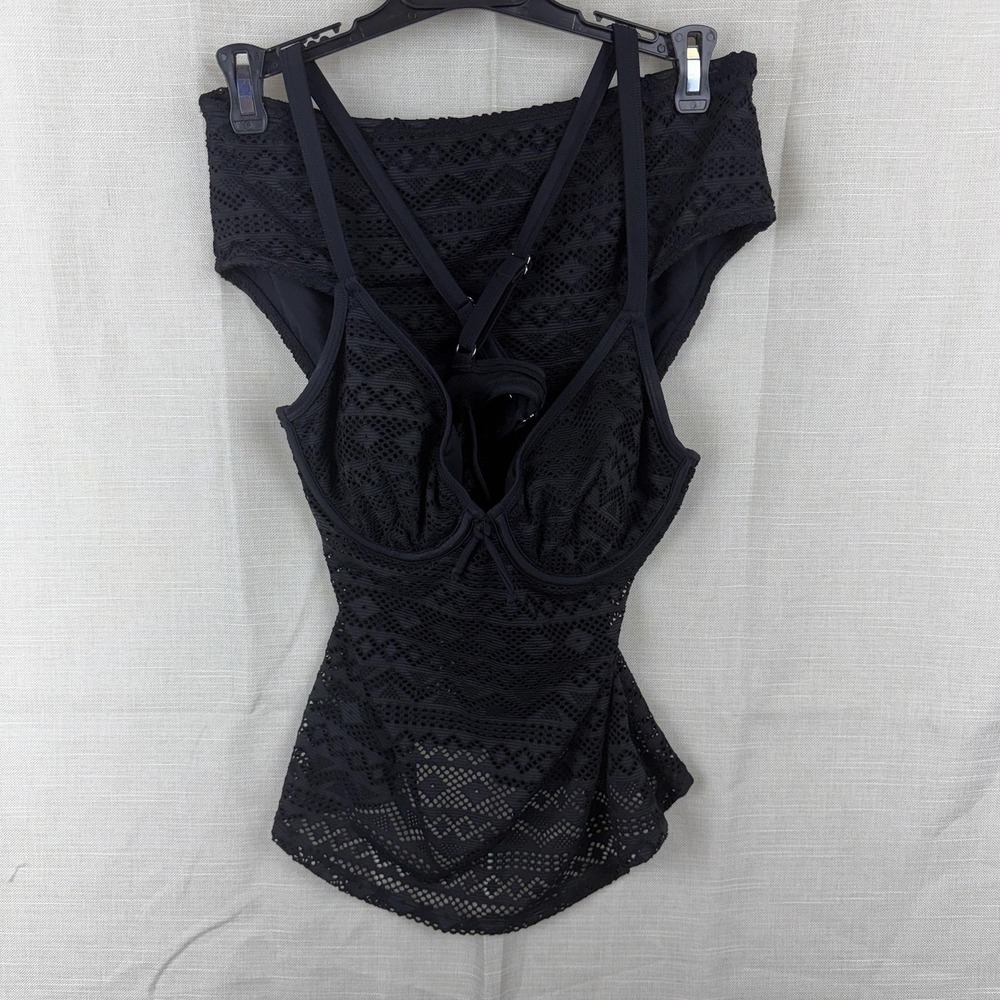 Cupshe Tankini Swimsuit Set Womens Medium Black Crochet High Waist 2 Piece